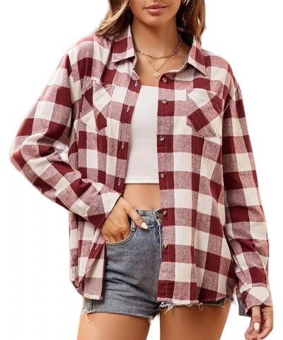 Womens Flannel Shirt Regular Long Sleeve Button Down Flannel Shirts for Women Burgundy/White 01 $20.51 Blouses