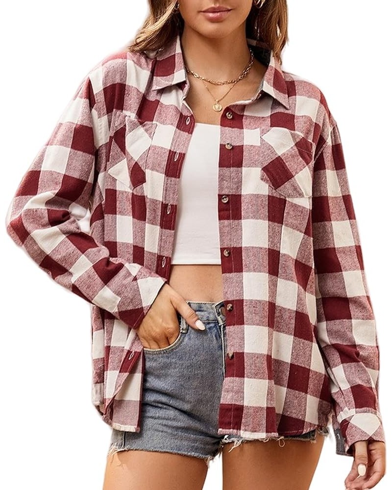 Womens Flannel Shirt Regular Long Sleeve Button Down Flannel Shirts for Women Burgundy/White 01 $20.51 Blouses