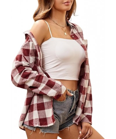 Womens Flannel Shirt Regular Long Sleeve Button Down Flannel Shirts for Women Burgundy/White 01 $20.51 Blouses