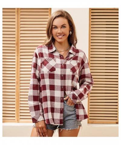 Womens Flannel Shirt Regular Long Sleeve Button Down Flannel Shirts for Women Burgundy/White 01 $20.51 Blouses