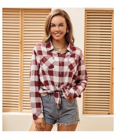 Womens Flannel Shirt Regular Long Sleeve Button Down Flannel Shirts for Women Burgundy/White 01 $20.51 Blouses