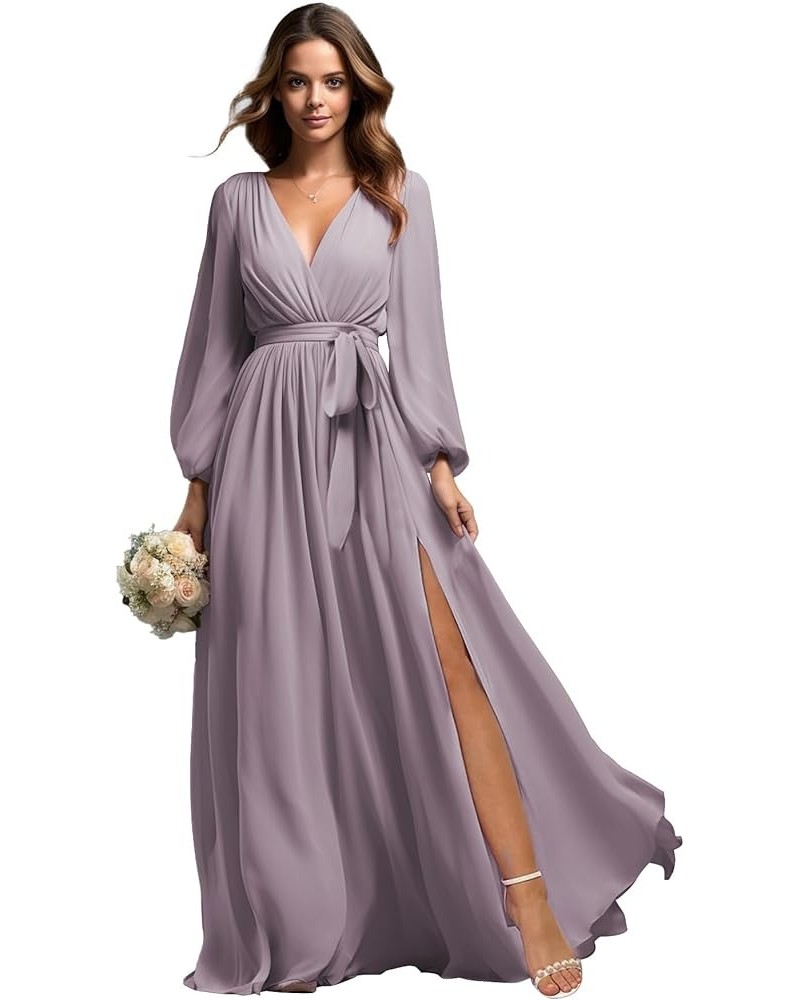 Long Sleeve Bridesmaid Dresses with Slit for Women Chiffon V Neck Formal Evening Gown Wisteria $34.40 Dresses