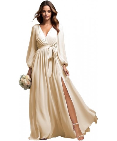 Long Sleeve Bridesmaid Dresses with Slit for Women Chiffon V Neck Formal Evening Gown Wisteria $34.40 Dresses