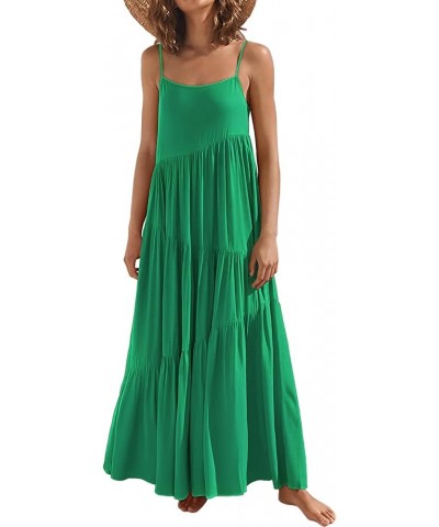 Womens Summer Dresses Loose Sleeveless Spaghetti Strap Asymmetric Tiered Maxi Dress Green $19.94 Dresses