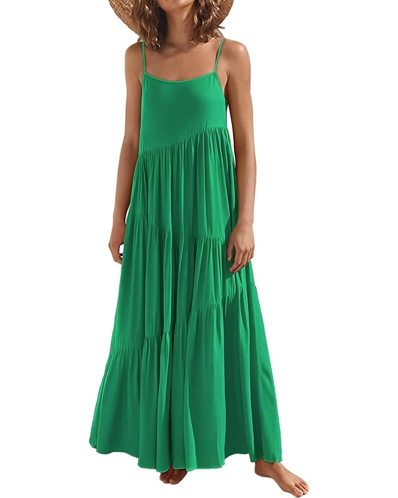 Womens Summer Dresses Loose Sleeveless Spaghetti Strap Asymmetric Tiered Maxi Dress Green $19.94 Dresses