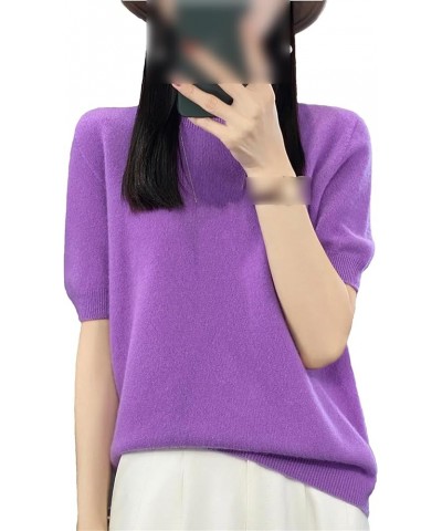 Women Spring Stylish Office O-Neck 100% Merino Wool Pullover Half Sleeve Cashmere Sweater Purple $21.46 Sweaters