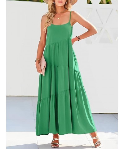 Womens Summer Dresses Loose Sleeveless Spaghetti Strap Asymmetric Tiered Maxi Dress Green $19.94 Dresses