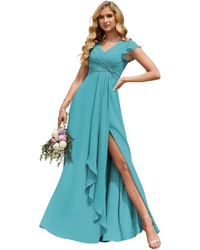 Women's V Neck Chiffon Bridesmaid Dresses Long with Slit Ruffled Sleeve Empire Waist Formal Dress with Pockets SF002 Aqua $29...