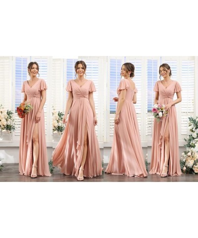 Women's V Neck Chiffon Bridesmaid Dresses Long with Slit Ruffled Sleeve Empire Waist Formal Dress with Pockets SF002 Aqua $29...