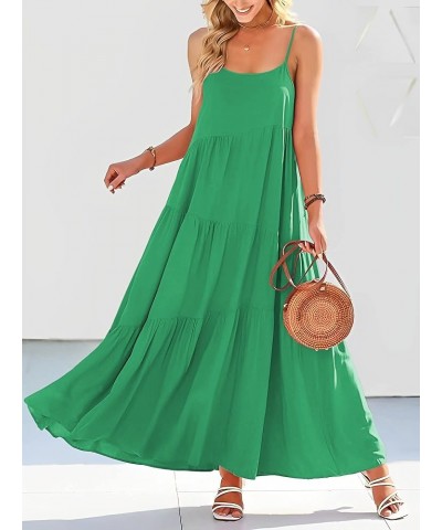 Womens Summer Dresses Loose Sleeveless Spaghetti Strap Asymmetric Tiered Maxi Dress Green $19.94 Dresses