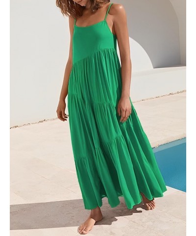 Womens Summer Dresses Loose Sleeveless Spaghetti Strap Asymmetric Tiered Maxi Dress Green $19.94 Dresses