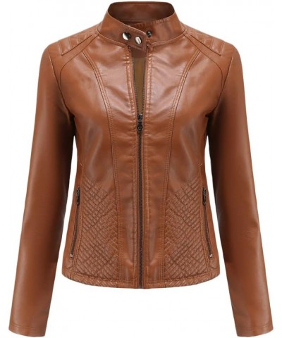 Women's Faux Leather Textured Short Moto Jacket Zip-up Lightweight Long Sleeve Slim PU Biker Coat with Pockets Camel $29.14 C...