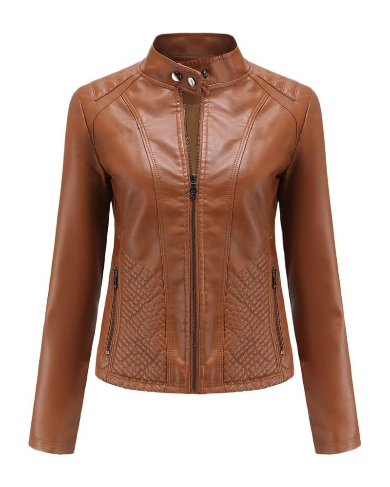 Women's Faux Leather Textured Short Moto Jacket Zip-up Lightweight Long Sleeve Slim PU Biker Coat with Pockets Camel $29.14 C...