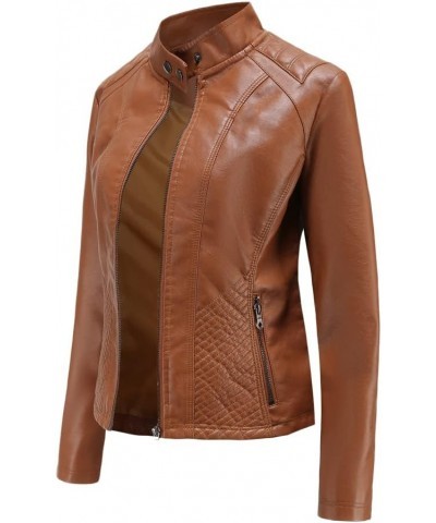 Women's Faux Leather Textured Short Moto Jacket Zip-up Lightweight Long Sleeve Slim PU Biker Coat with Pockets Camel $29.14 C...