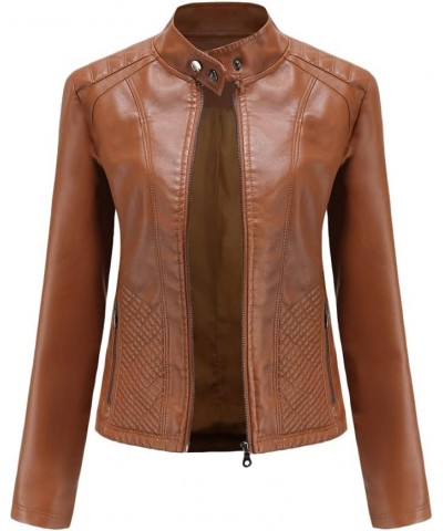 Women's Faux Leather Textured Short Moto Jacket Zip-up Lightweight Long Sleeve Slim PU Biker Coat with Pockets Camel $29.14 C...