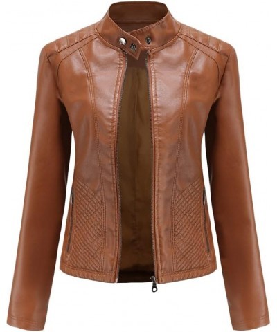 Women's Faux Leather Textured Short Moto Jacket Zip-up Lightweight Long Sleeve Slim PU Biker Coat with Pockets Camel $29.14 C...