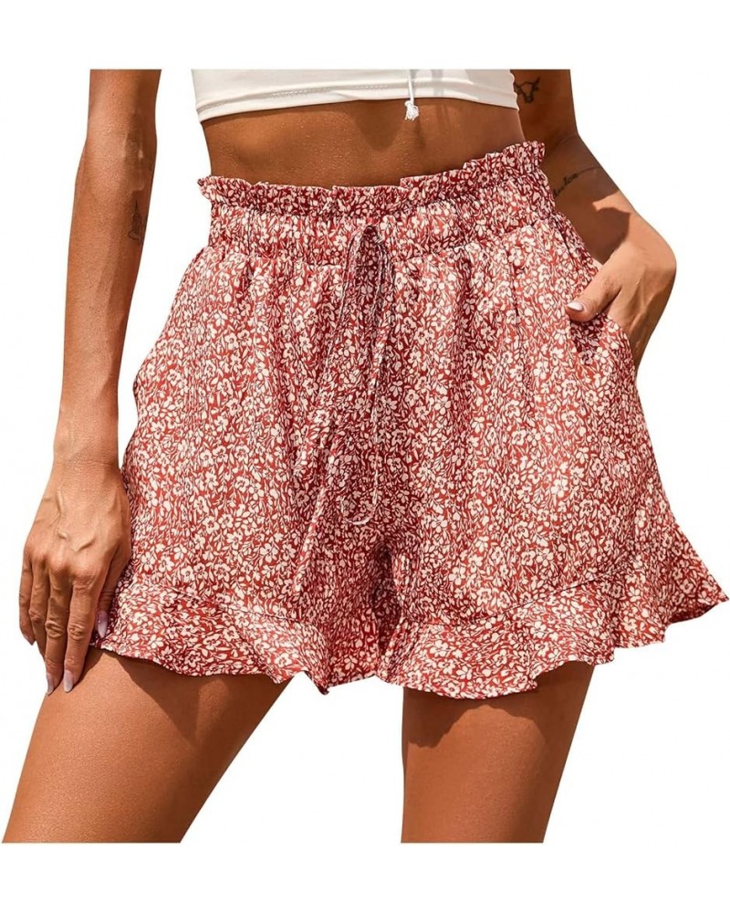 Womens Elastic Waist Casual Loose Drawstring Shorts Plus Size Boho Summer Beach Shorts Comfy Ruffle Hem Short 02-wine $4.23 S...