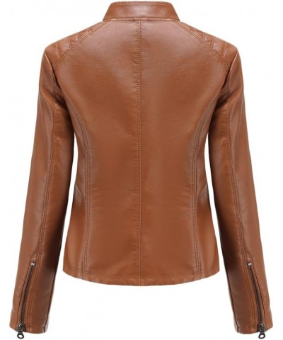 Women's Faux Leather Textured Short Moto Jacket Zip-up Lightweight Long Sleeve Slim PU Biker Coat with Pockets Camel $29.14 C...