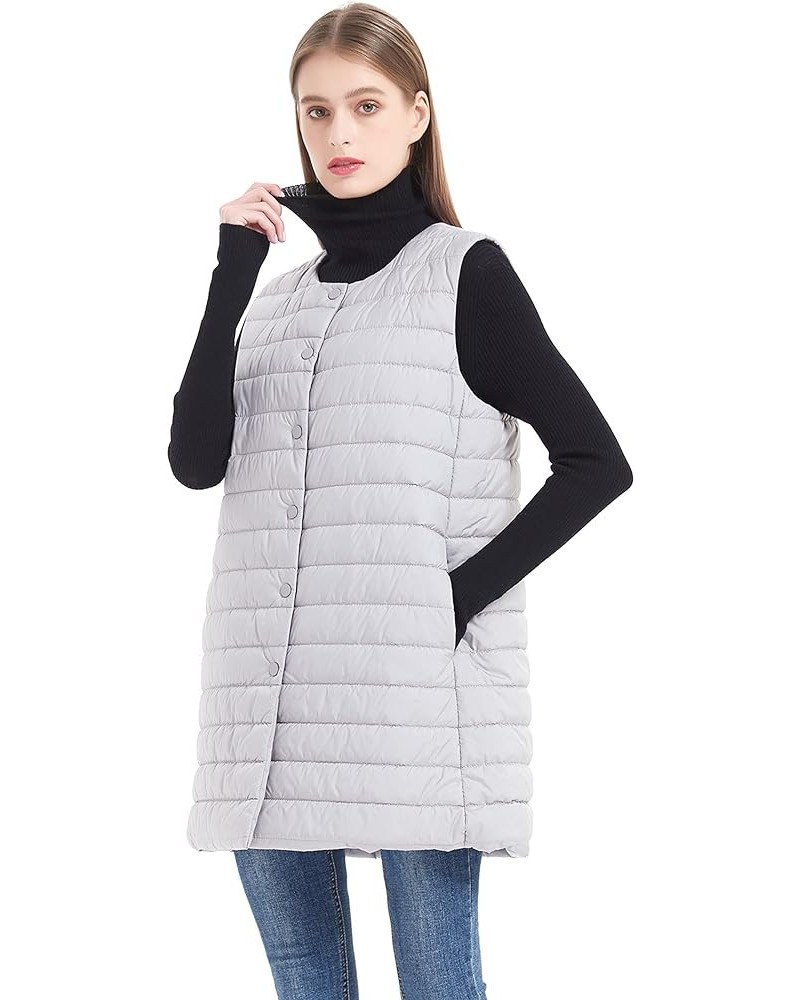 Women Long Puffer Vest Down Quilted Lightweight Button Opening Sleeveless Jacket with Pockets Button-grey $22.39 Vests