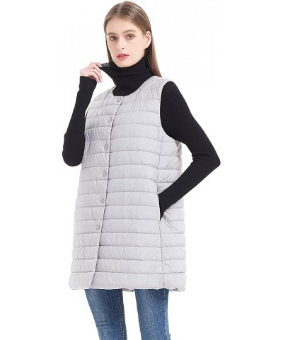 Women Long Puffer Vest Down Quilted Lightweight Button Opening Sleeveless Jacket with Pockets Button-grey $22.39 Vests