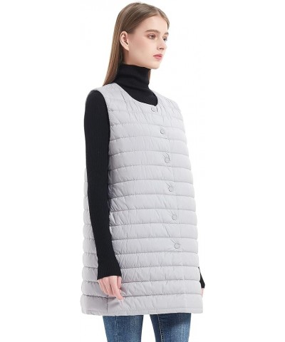 Women Long Puffer Vest Down Quilted Lightweight Button Opening Sleeveless Jacket with Pockets Button-grey $22.39 Vests