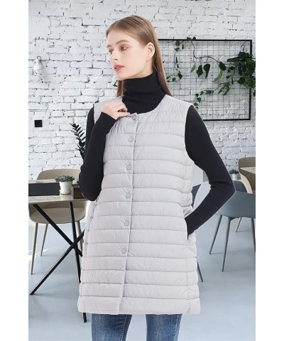 Women Long Puffer Vest Down Quilted Lightweight Button Opening Sleeveless Jacket with Pockets Button-grey $22.39 Vests