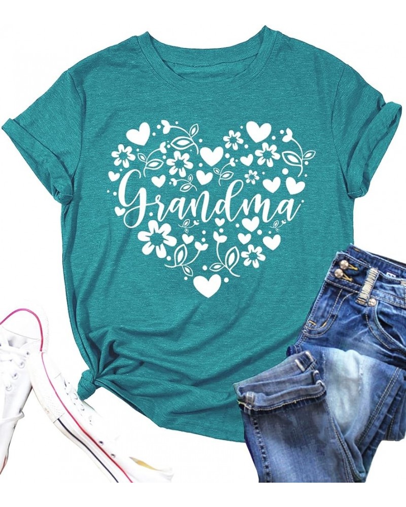 Grandma Shirts Women Grandmother Heart Printed Tshirt Floral Mama Casual Tee Mother Short Sleeve Top Shirt Cyanblue $11.52 T-...