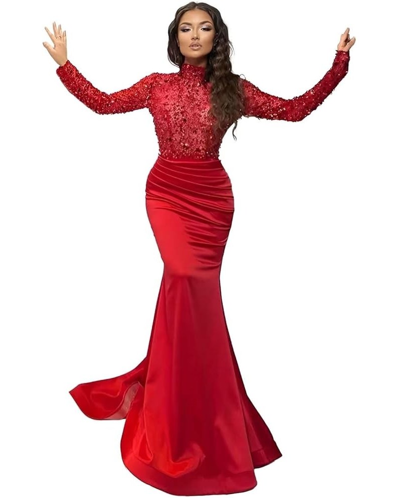 Sparkly Sequin Prom Dresses with Sleeves Satin Formal Dress Mermaid Evening Gown Long Open Back JS0024 Red $44.59 Dresses