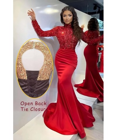 Sparkly Sequin Prom Dresses with Sleeves Satin Formal Dress Mermaid Evening Gown Long Open Back JS0024 Red $44.59 Dresses