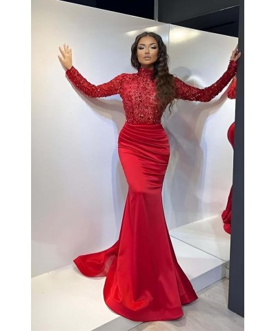 Sparkly Sequin Prom Dresses with Sleeves Satin Formal Dress Mermaid Evening Gown Long Open Back JS0024 Red $44.59 Dresses