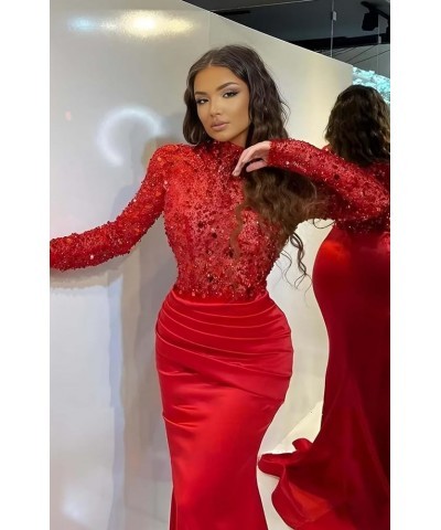 Sparkly Sequin Prom Dresses with Sleeves Satin Formal Dress Mermaid Evening Gown Long Open Back JS0024 Red $44.59 Dresses