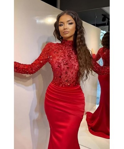 Sparkly Sequin Prom Dresses with Sleeves Satin Formal Dress Mermaid Evening Gown Long Open Back JS0024 Red $44.59 Dresses