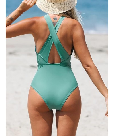 Women's One Piece Halter High Neck Tie Front Criss Cross Back Swimsuit Green $17.20 Swimsuits