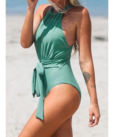 Women's One Piece Halter High Neck Tie Front Criss Cross Back Swimsuit Green $17.20 Swimsuits