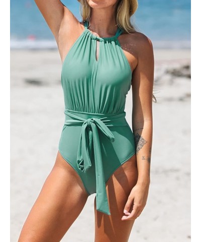 Women's One Piece Halter High Neck Tie Front Criss Cross Back Swimsuit Green $17.20 Swimsuits