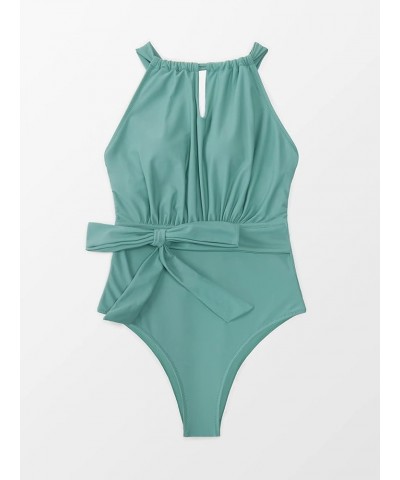 Women's One Piece Halter High Neck Tie Front Criss Cross Back Swimsuit Green $17.20 Swimsuits