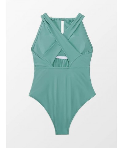 Women's One Piece Halter High Neck Tie Front Criss Cross Back Swimsuit Green $17.20 Swimsuits