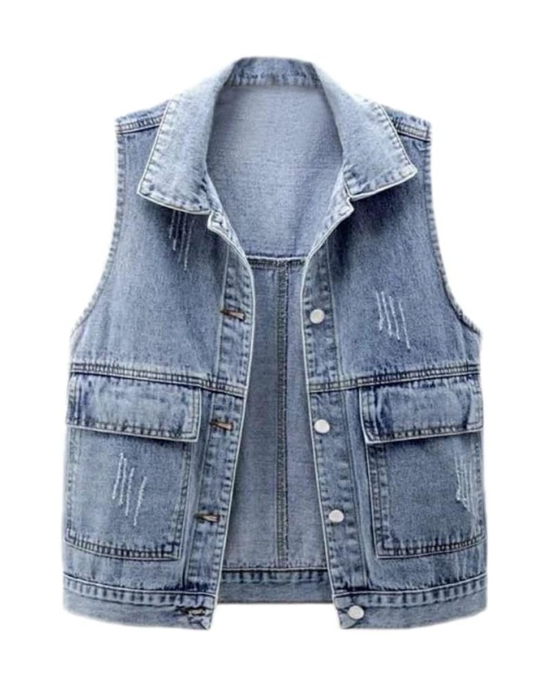 Women Denim Vest Button Up Sleeveless Jean Jacket Punk Denim Waistcoat Tops Distress-light Blue $15.64 Jackets