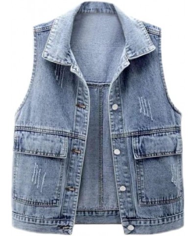 Women Denim Vest Button Up Sleeveless Jean Jacket Punk Denim Waistcoat Tops Distress-light Blue $15.64 Jackets