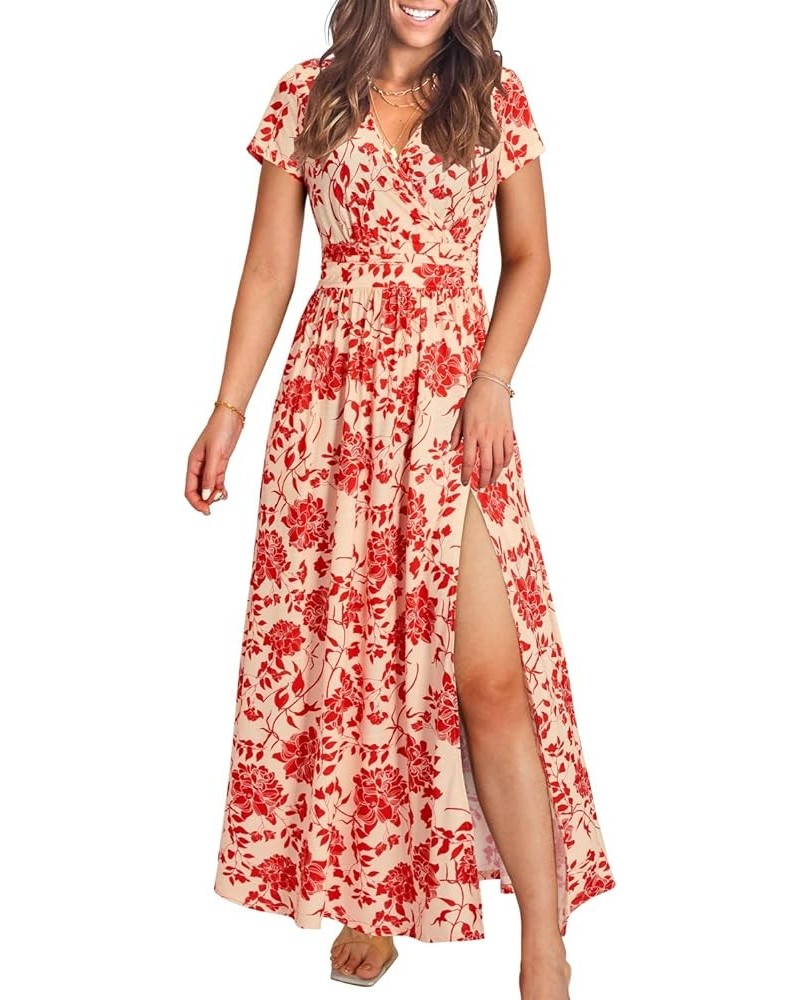 Women's Long/Short Sleeve V-Neck Wrap Waist Maxi Dress Short Sleeve F-floral02 $14.49 Dresses