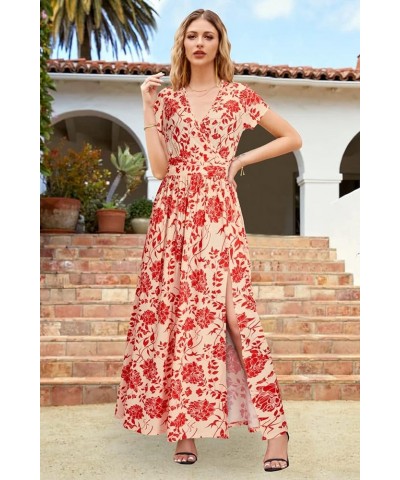 Women's Long/Short Sleeve V-Neck Wrap Waist Maxi Dress Short Sleeve F-floral02 $14.49 Dresses