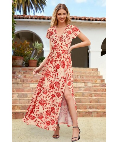 Women's Long/Short Sleeve V-Neck Wrap Waist Maxi Dress Short Sleeve F-floral02 $14.49 Dresses