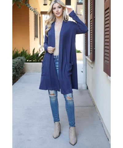 Classic Long Sleeve Open Cardigan - Relaxed Lightweight Pocket Shawl Cardi Outerwear Solid Open Front Pocket Cardi - Solid Na...