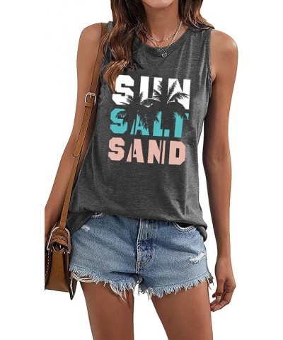 Sun Salt Sand Tank Tops Women Beach Shirts Coconut Tree Graphic Tees Summer Vacation Sleeveless Tee Tops Deep Gray $12.09 Tanks