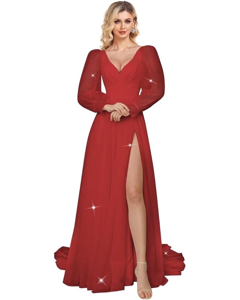 Long Sleeve Prom Dresses Sparkly Tulle Ball Gown Puffy Wedding Dress Formal Evening Gowns Slit Wine Red $38.27 Dresses