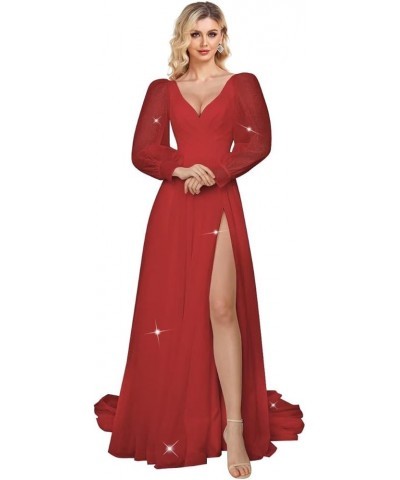 Long Sleeve Prom Dresses Sparkly Tulle Ball Gown Puffy Wedding Dress Formal Evening Gowns Slit Wine Red $38.27 Dresses