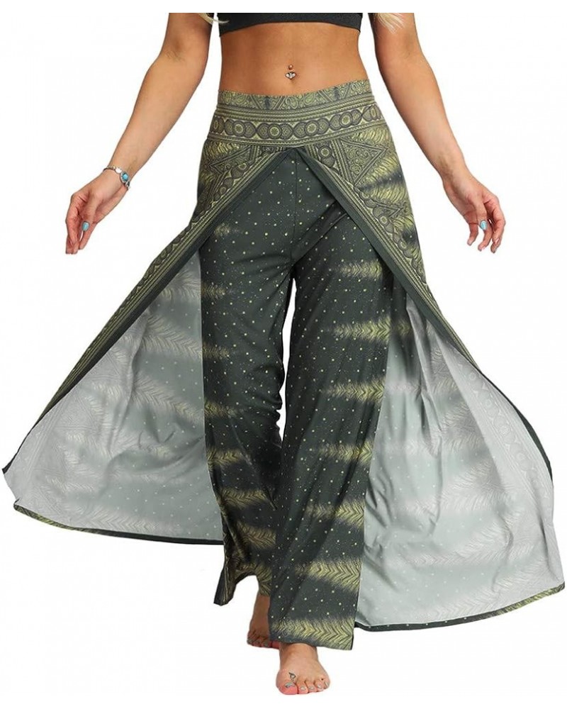 Women's Boho Printed Palazzo Side Split Wide Leg Workout Yoga Pants Army Green Feather $13.74 Pants