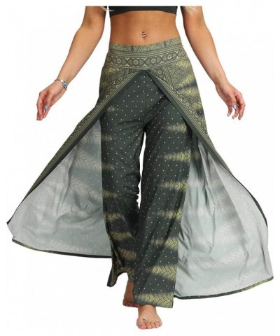 Women's Boho Printed Palazzo Side Split Wide Leg Workout Yoga Pants Army Green Feather $13.74 Pants