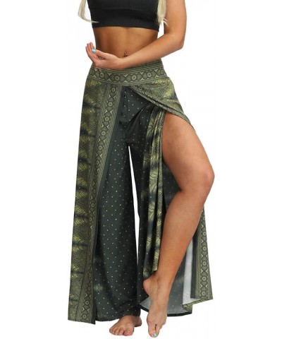 Women's Boho Printed Palazzo Side Split Wide Leg Workout Yoga Pants Army Green Feather $13.74 Pants