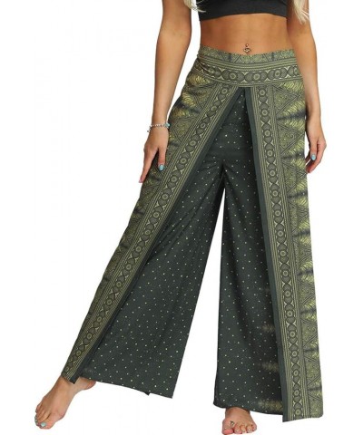 Women's Boho Printed Palazzo Side Split Wide Leg Workout Yoga Pants Army Green Feather $13.74 Pants